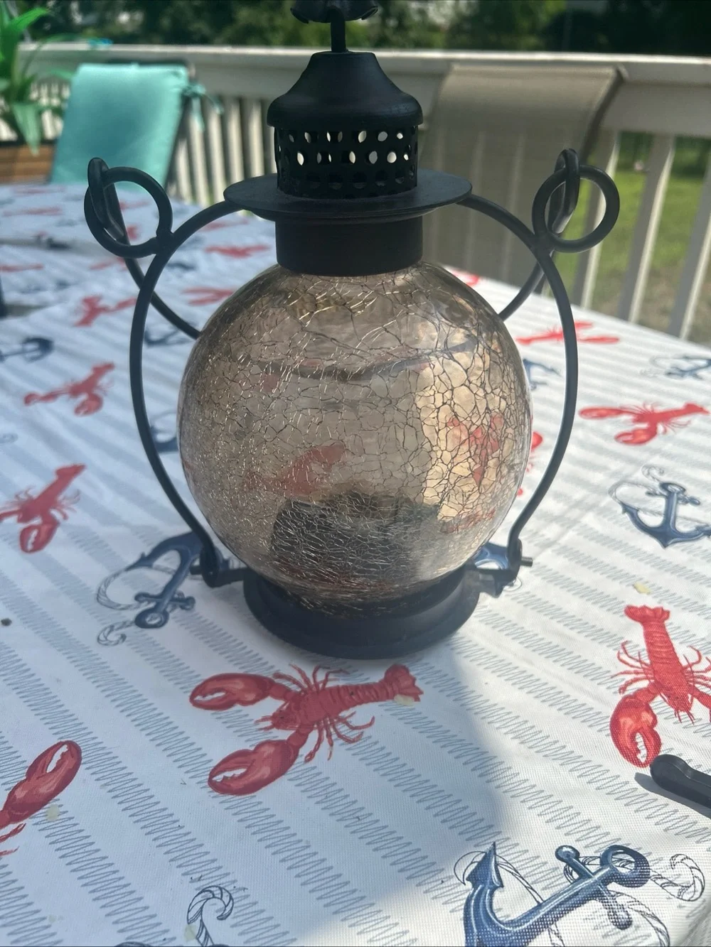 Vtg Rustic Amber Crackle Glass Candle Lantern w rod iron Holder & Swing Handle